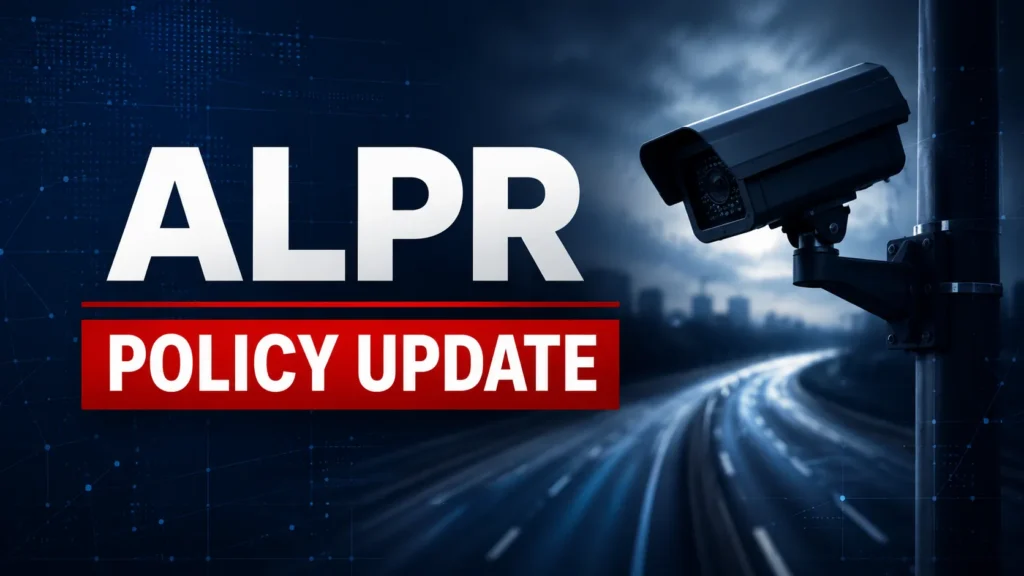 ALPR policy update editorial graphic with a roadside camera illustration