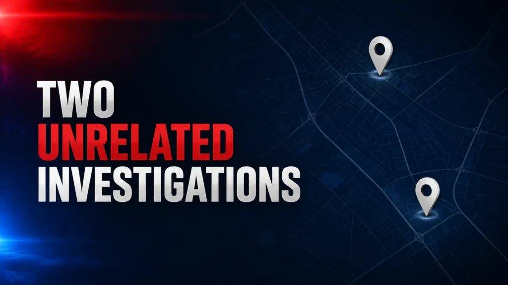 Two unrelated investigations editorial map graphic with two separate location pins