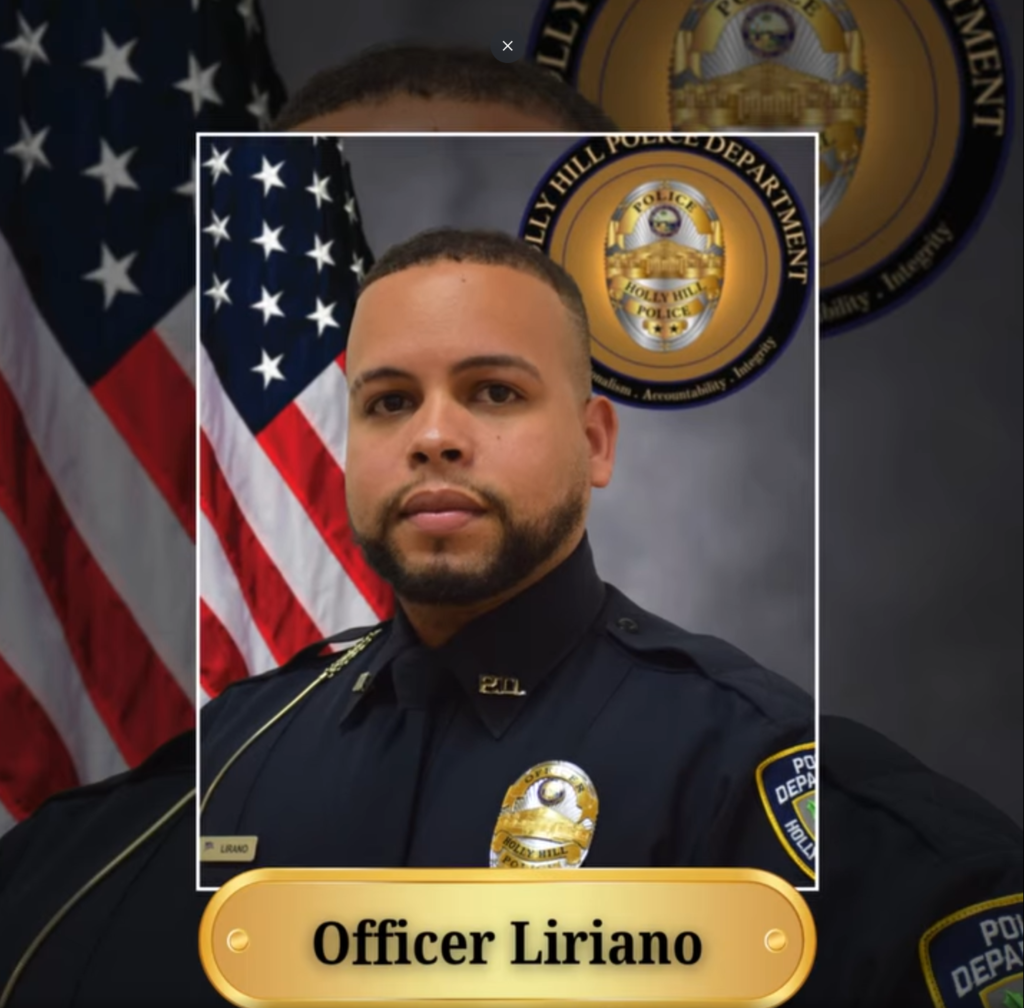 Portrait graphic identifying Holly Hill police Officer Julio Liriano
